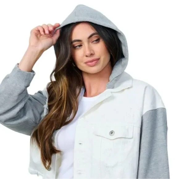 NWOT Dance & Marvel White Gray, Raw Hem, Crop Detachable Hoodie, Denim Jacket, - Picture 6 of 15
